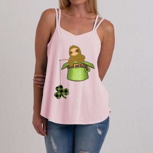 St Patricks Day Fishing Sloth Shamrock Plaid Ireland Clover Gift Women's Strappy Tank