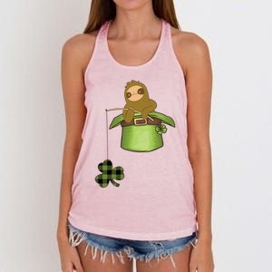 St Patricks Day Fishing Sloth Shamrock Plaid Ireland Clover Gift Women's Knotted Racerback Tank