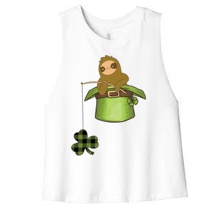 St Patricks Day Fishing Sloth Shamrock Plaid Ireland Clover Gift Women's Racerback Cropped Tank