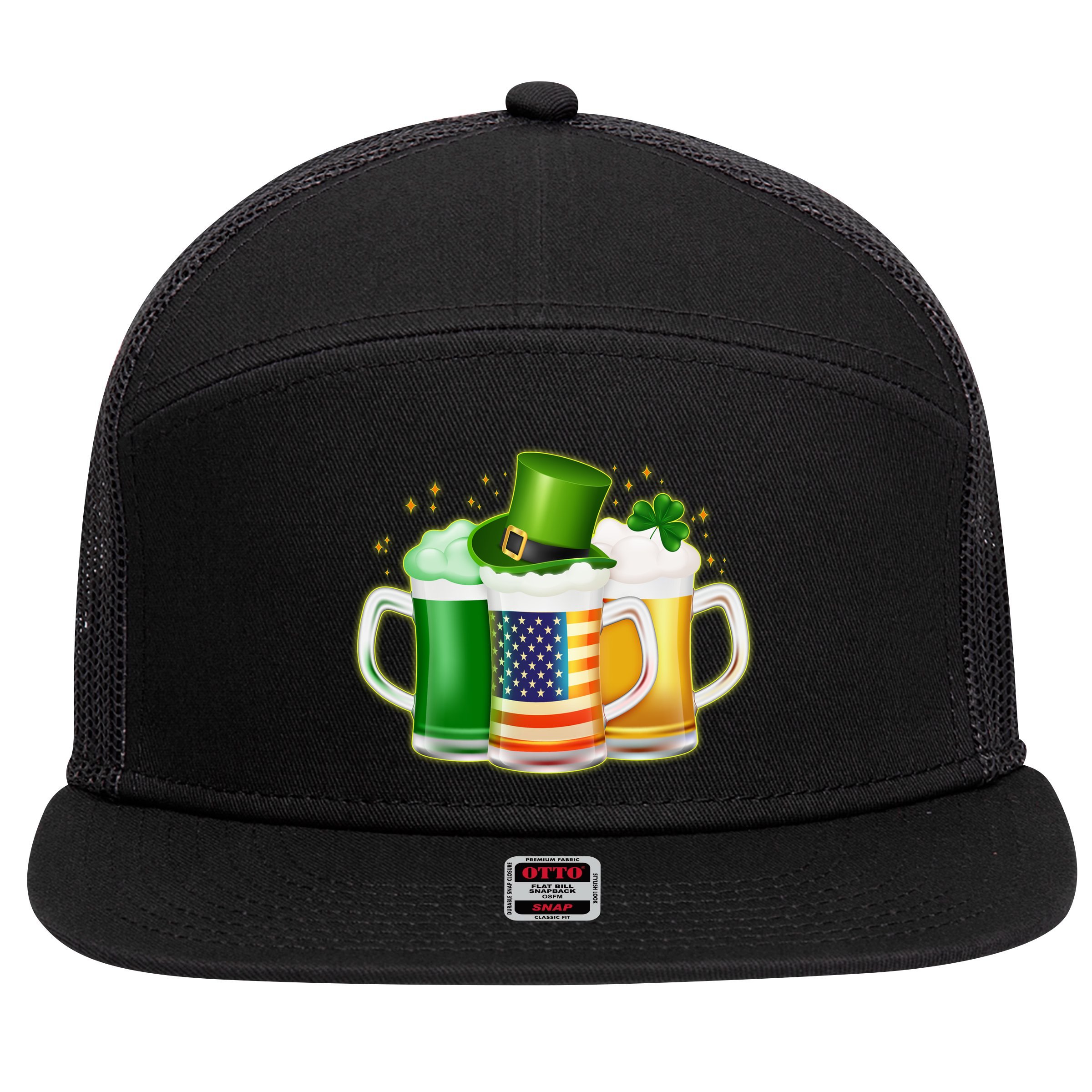 St Patricks Day Usa American Flag Beers 7 Panel Mesh Trucker Snapback Hat