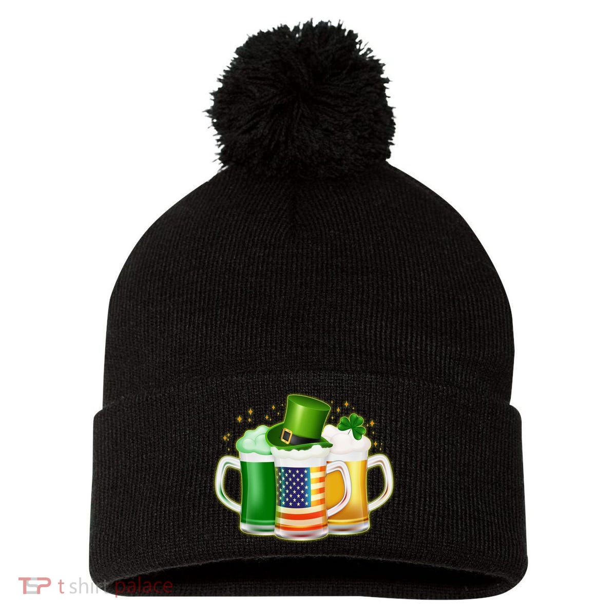 St Patricks Day Usa American Flag Beers Pom Pom 12in Knit Beanie
