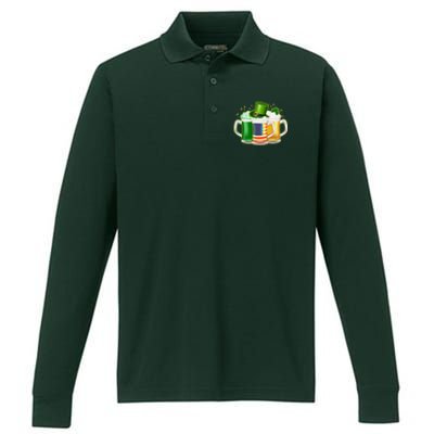 St Patricks Day Usa American Flag Beers Performance Long Sleeve Polo