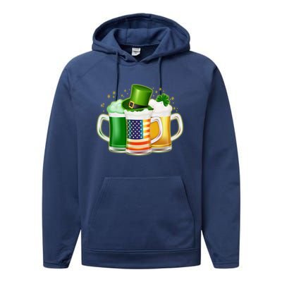 St Patricks Day Usa American Flag Beers Performance Fleece Hoodie