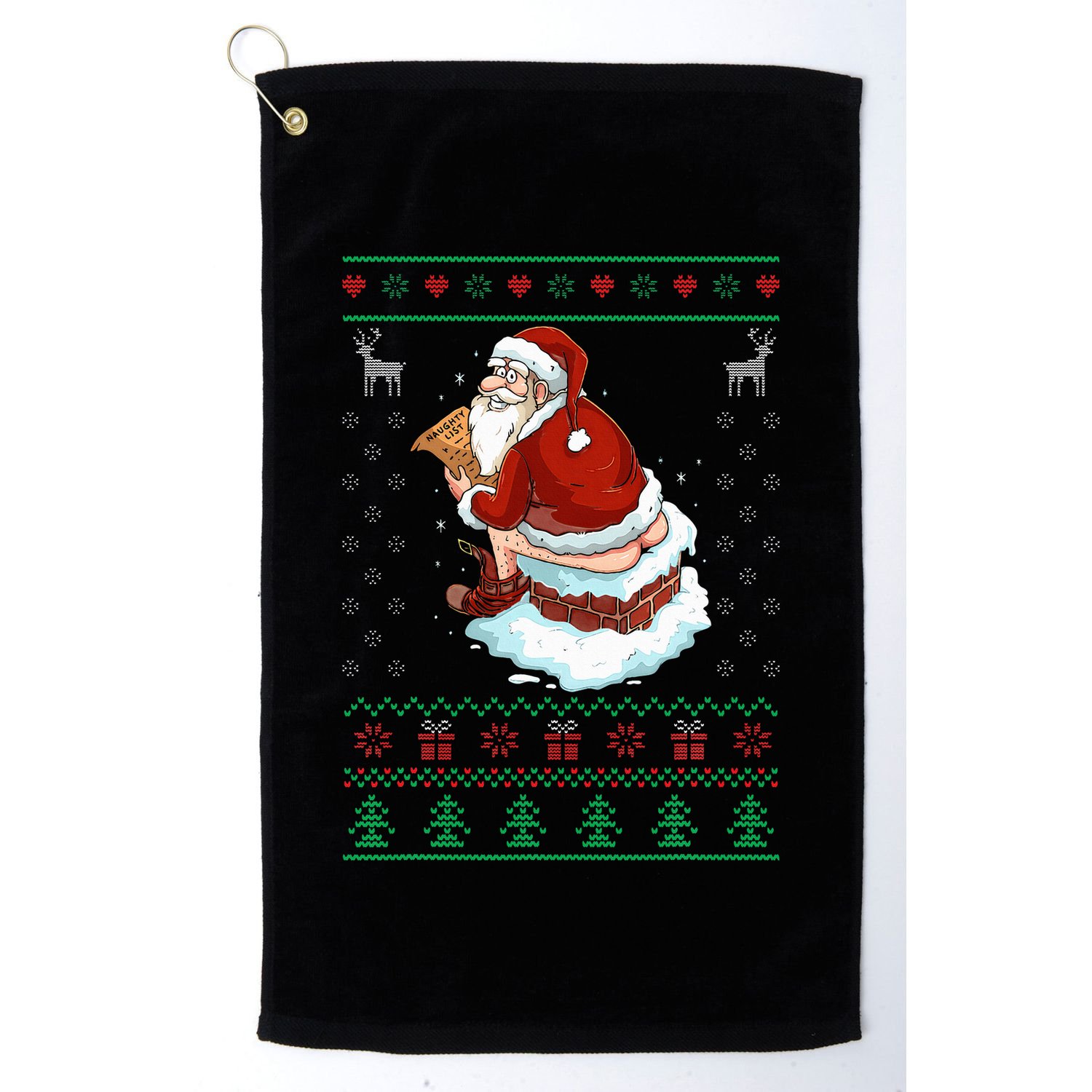 Santa Pooping Down The Chimney Ugly Sweater Christmas Golf Towel