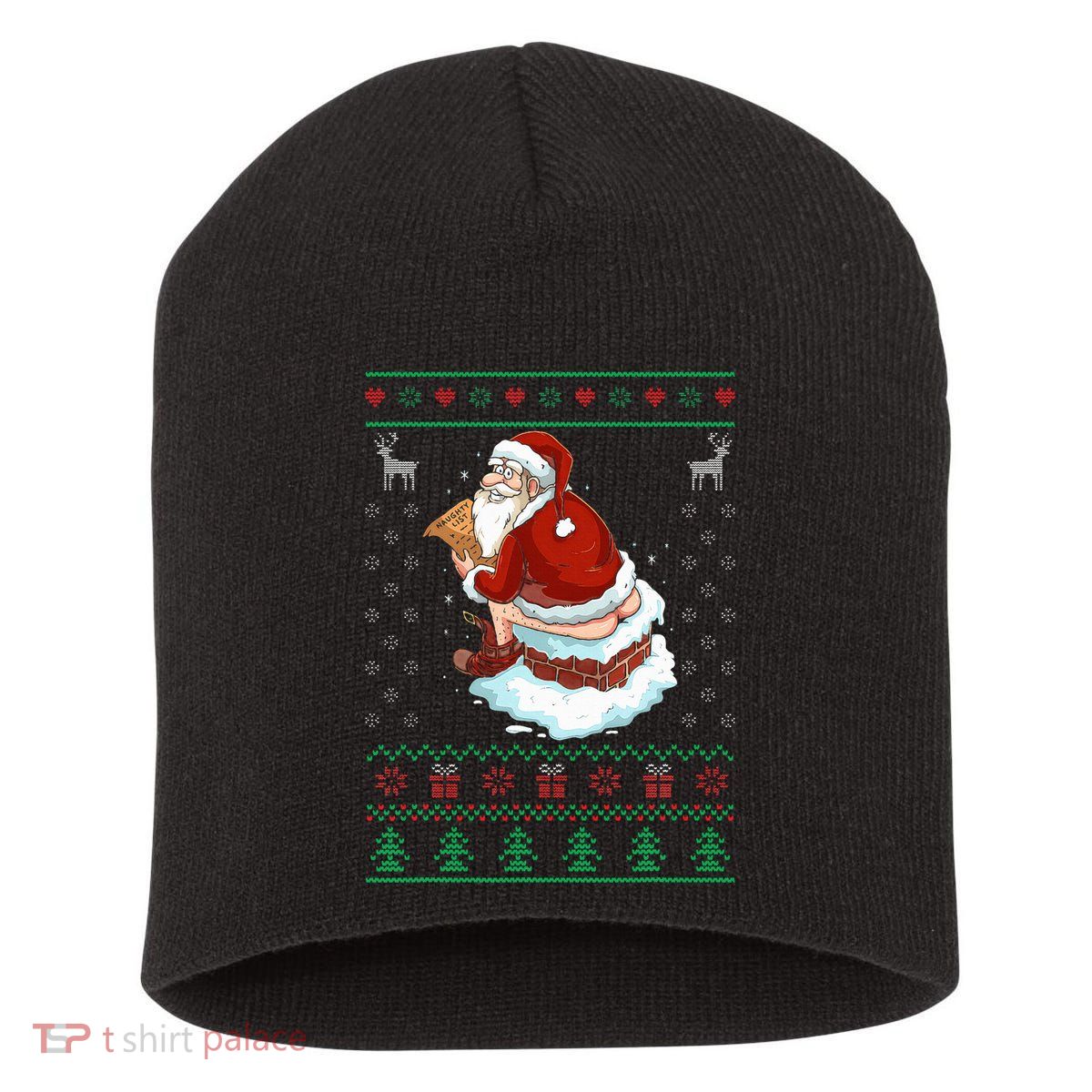 Santa Pooping Down The Chimney Ugly Sweater Christmas Short Acrylic Beanie