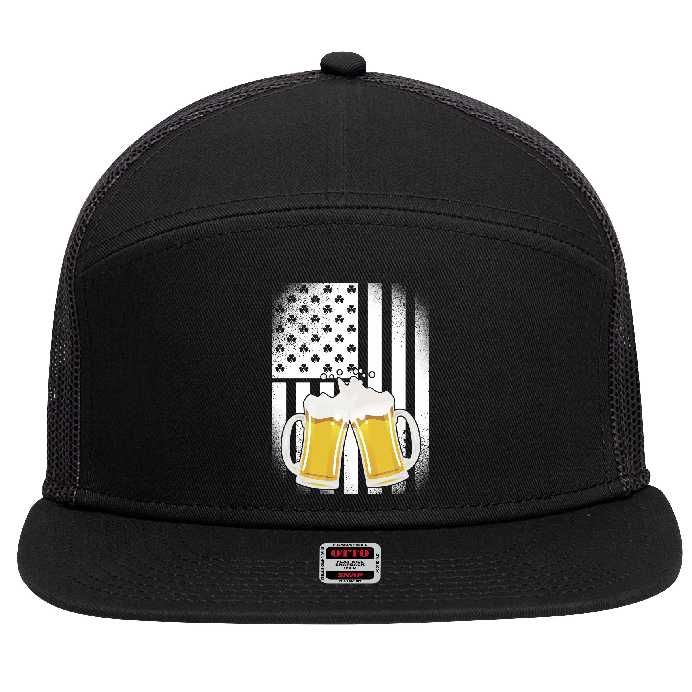 St. Patricks Day Beer Shamrock American Flag 7 Panel Mesh Trucker Snapback Hat