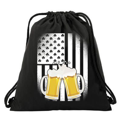 St. Patricks Day Beer Shamrock American Flag Drawstring Bag