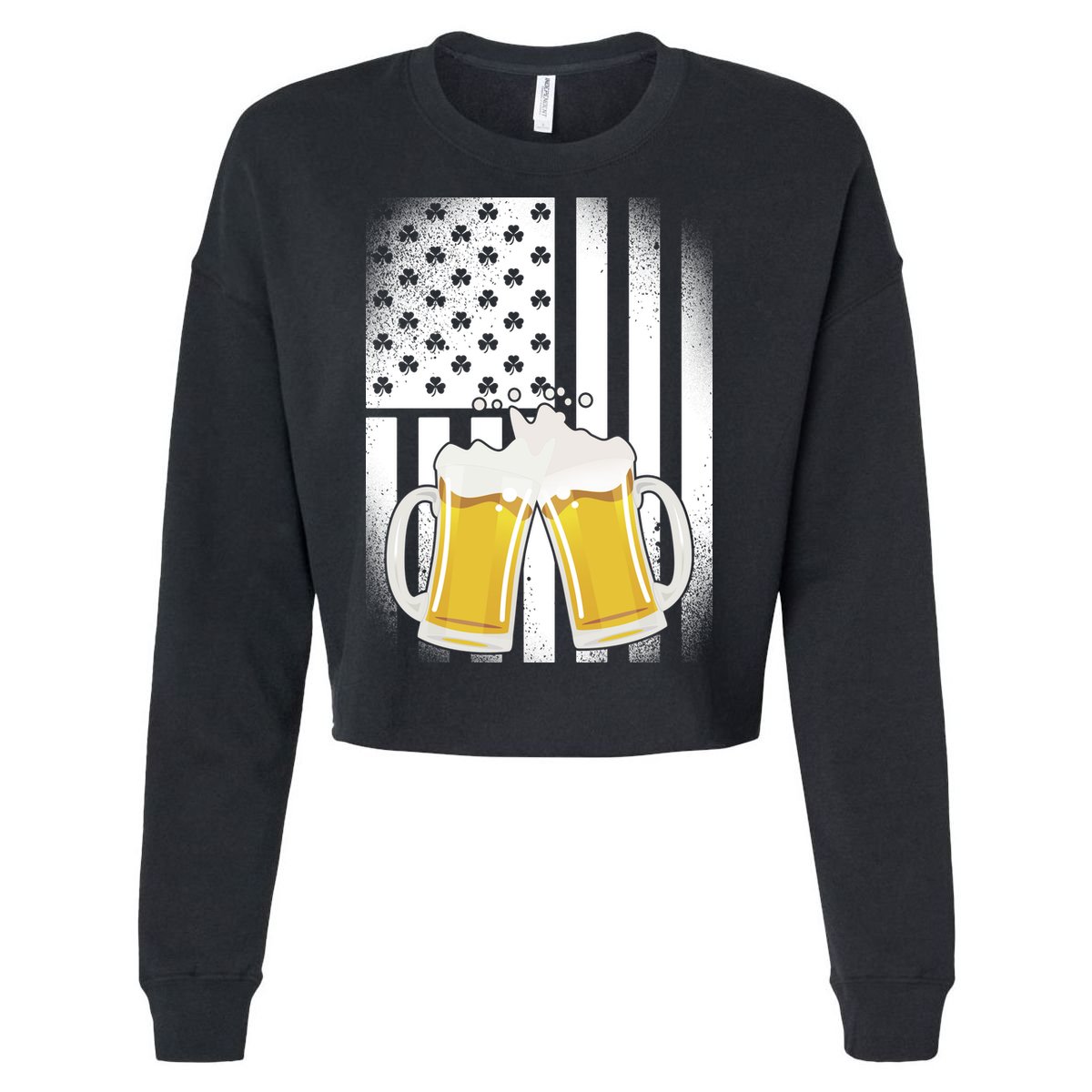 St. Patricks Day Beer Shamrock American Flag Cropped Pullover Crew