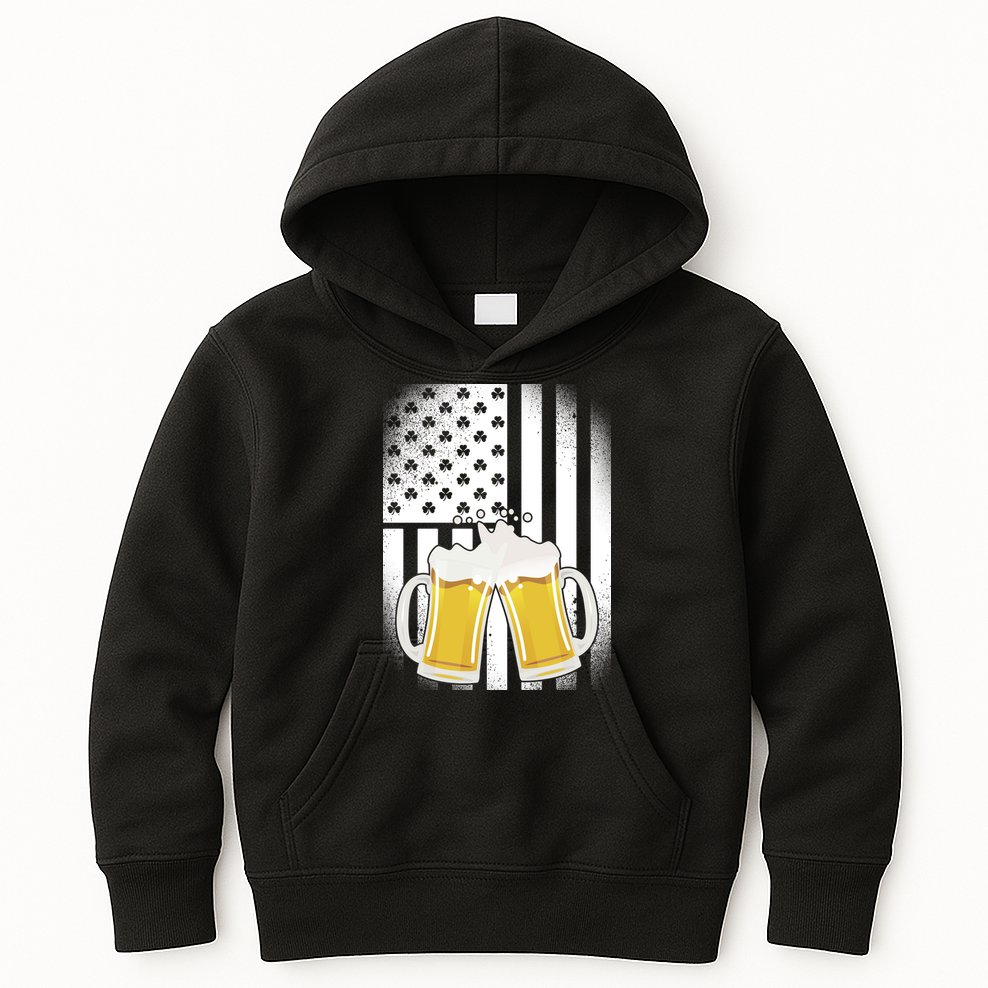 St. Patricks Day Beer Shamrock American Flag Kids Hoodie