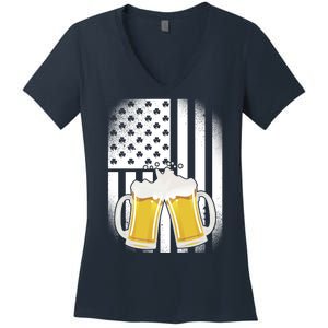 St. Patricks Day Beer Shamrock American Flag Women's V-Neck T-Shirt