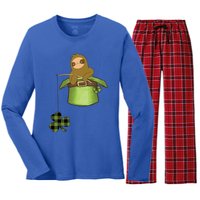 St Patricks Day Fishing Sloth Shamrock Plaid Ireland Clover Gift Women's Long Sleeve Flannel Pajama Set 