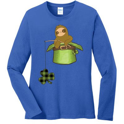 St Patricks Day Fishing Sloth Shamrock Plaid Ireland Clover Gift Ladies Long Sleeve Shirt