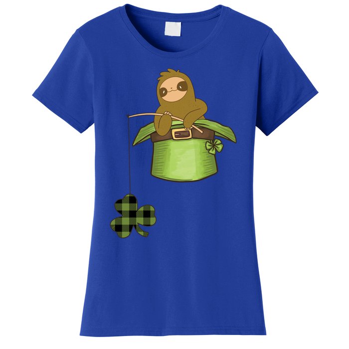 St Patricks Day Fishing Sloth Shamrock Plaid Ireland Clover Gift Women's T-Shirt