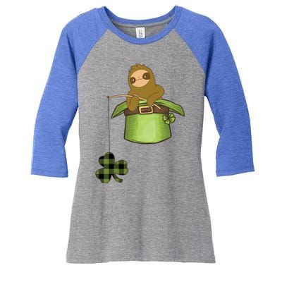 St Patricks Day Fishing Sloth Shamrock Plaid Ireland Clover Gift Women's Tri-Blend 3/4-Sleeve Raglan Shirt