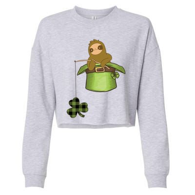 St Patricks Day Fishing Sloth Shamrock Plaid Ireland Clover Gift Cropped Pullover Crew