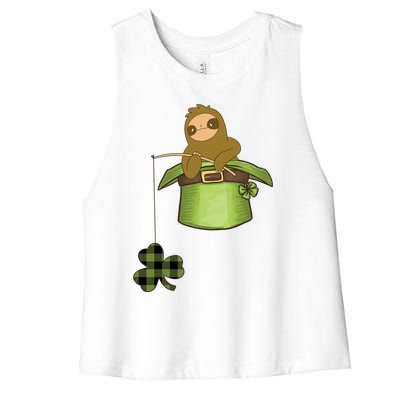 St Patricks Day Fishing Sloth Shamrock Plaid Ireland Clover Gift Women's Racerback Cropped Tank