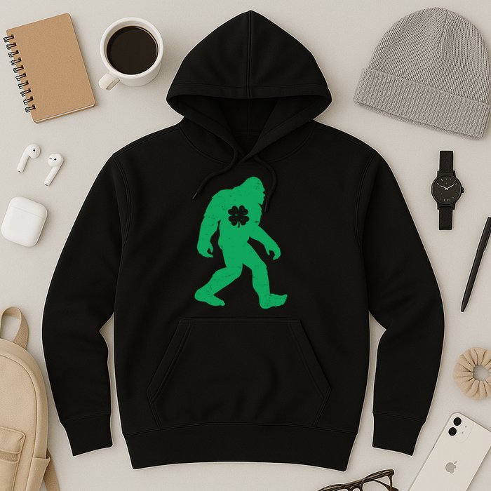 St Patricks Day Lucky Shamrock Clover Big Foot Sasquatch Yeti Hoodie