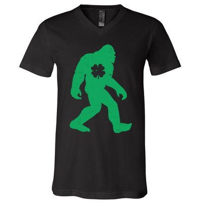 St Patricks Day Lucky Shamrock Clover Big Foot Sasquatch Yeti V-Neck T-Shirt