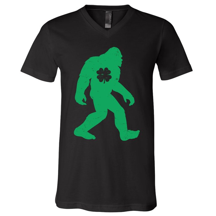 St Patricks Day Lucky Shamrock Clover Big Foot Sasquatch Yeti V-Neck T-Shirt