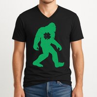 St Patricks Day Lucky Shamrock Clover Big Foot Sasquatch Yeti V-Neck T-Shirt