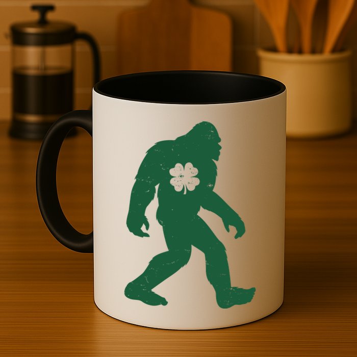 St Patricks Day Lucky Shamrock Clover Big Foot Sasquatch Yeti Mug