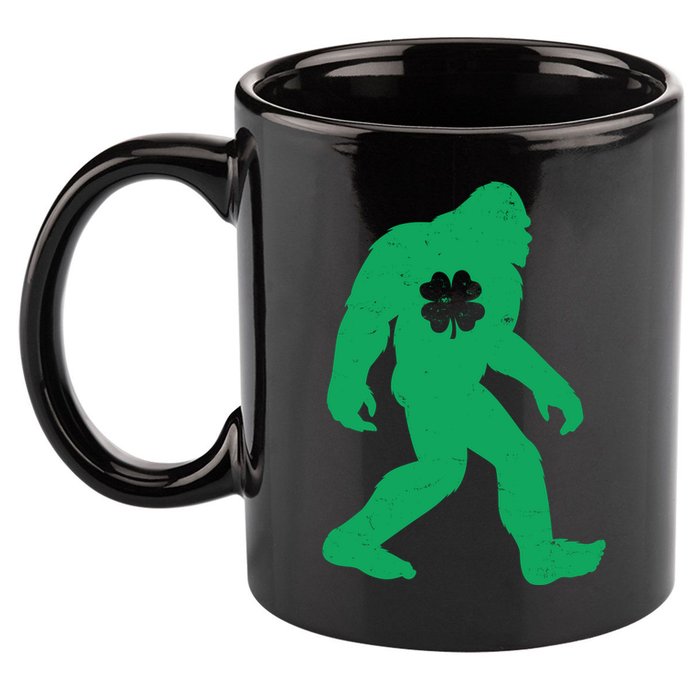 St Patricks Day Lucky Shamrock Clover Big Foot Sasquatch Yeti 11oz C Handle Ceramic Mug