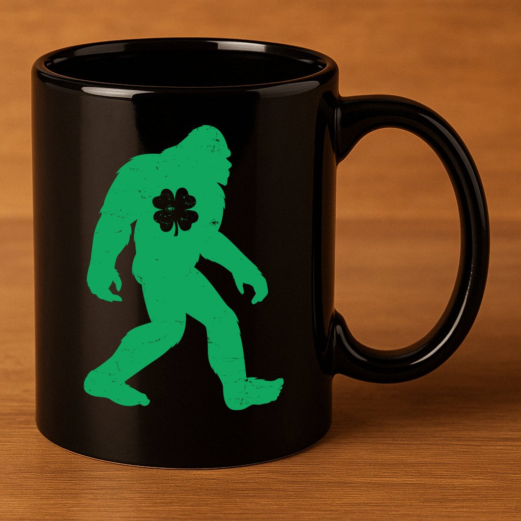 St Patricks Day Lucky Shamrock Clover Big Foot Sasquatch Yeti 11oz C Handle Ceramic Mug