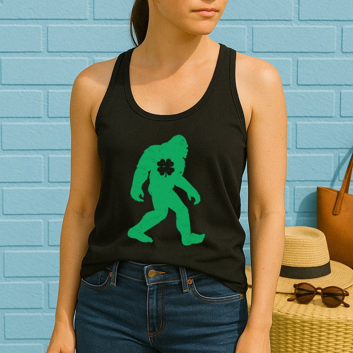 St Patricks Day Lucky Shamrock Clover Big Foot Sasquatch Yeti Womens Tank Top