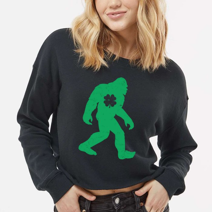 St Patricks Day Lucky Shamrock Clover Big Foot Sasquatch Yeti Cropped Pullover Crew