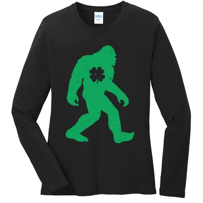 St Patricks Day Lucky Shamrock Clover Big Foot Sasquatch Yeti Ladies Long Sleeve Shirt