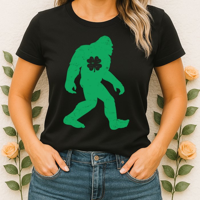 St Patricks Day Lucky Shamrock Clover Big Foot Sasquatch Yeti Womens T-Shirt