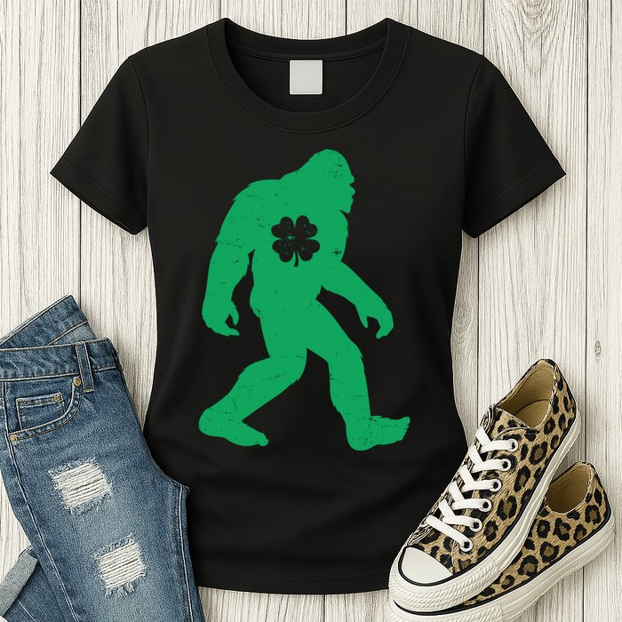 St Patricks Day Lucky Shamrock Clover Big Foot Sasquatch Yeti Womens T-Shirt