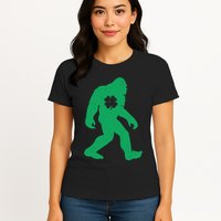 St Patricks Day Lucky Shamrock Clover Big Foot Sasquatch Yeti Womens T-Shirt