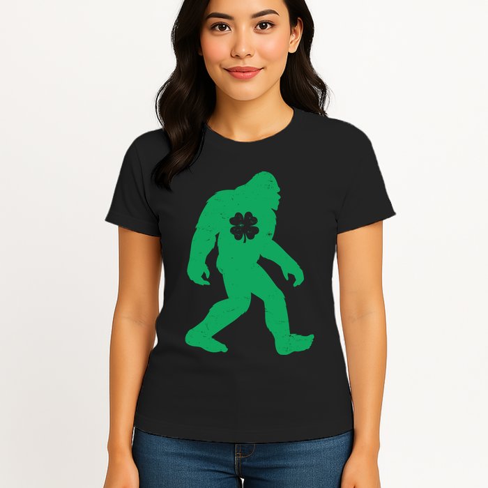 St Patricks Day Lucky Shamrock Clover Big Foot Sasquatch Yeti Womens T-Shirt