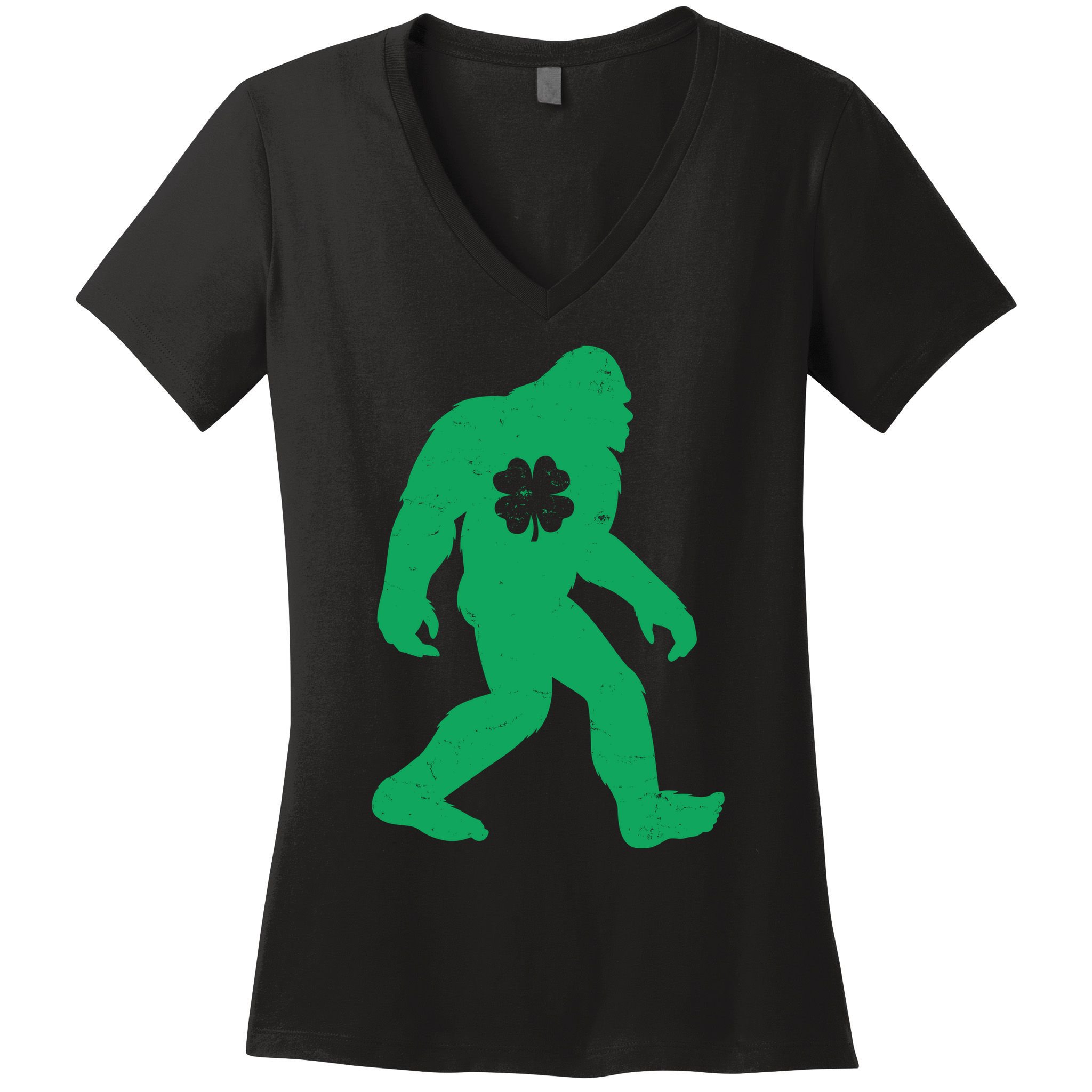 St Patricks Day Lucky Shamrock Clover Big Foot Sasquatch Yeti Women's V-Neck T-Shirt