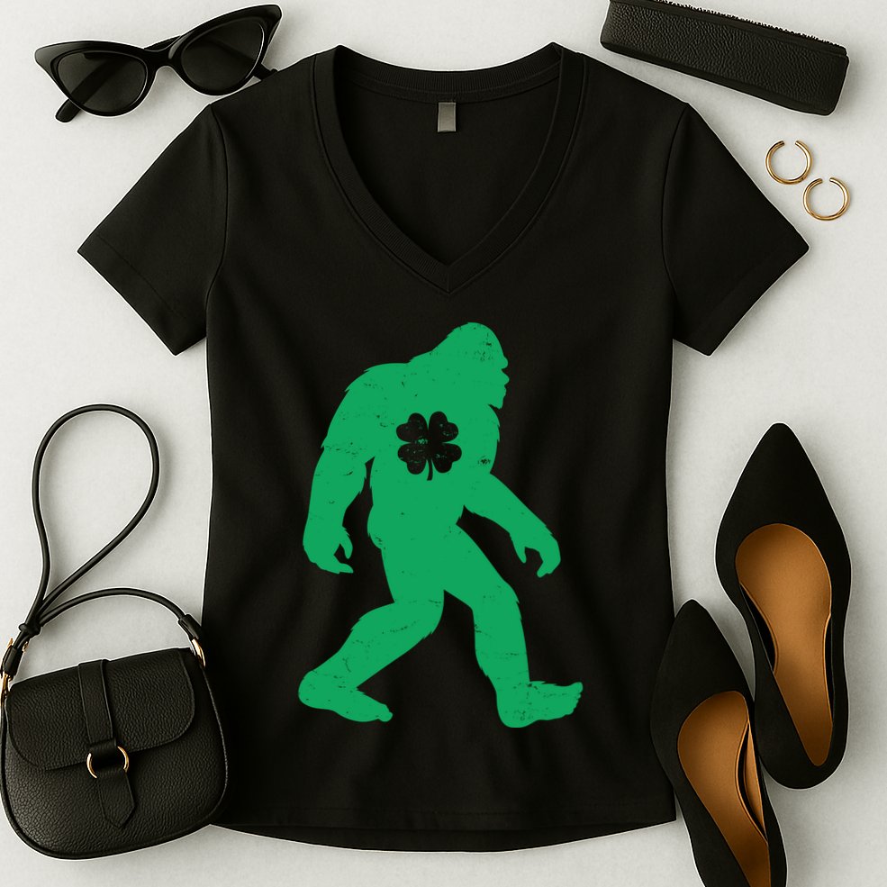 St Patricks Day Lucky Shamrock Clover Big Foot Sasquatch Yeti Women's V-Neck T-Shirt