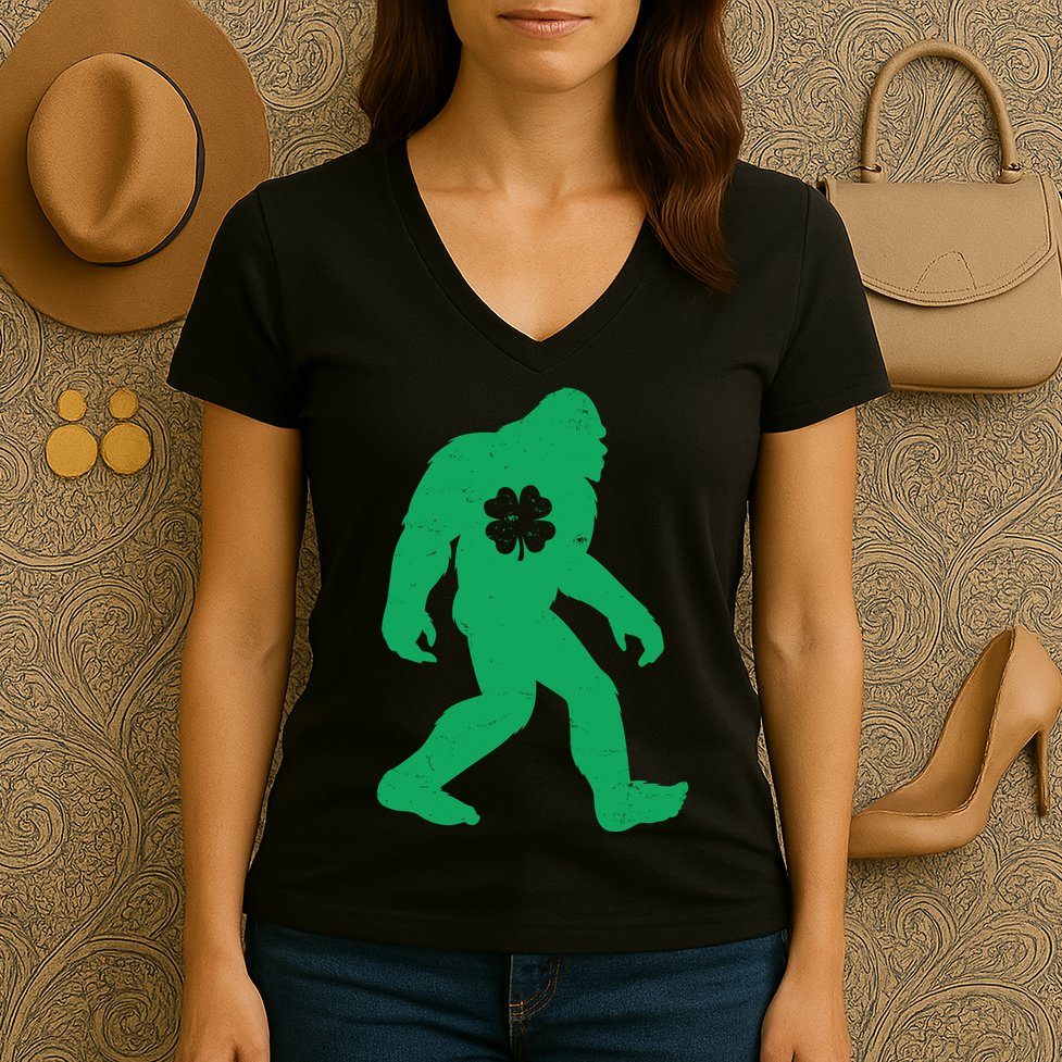 St Patricks Day Lucky Shamrock Clover Big Foot Sasquatch Yeti Women's V-Neck T-Shirt