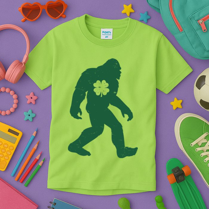 St Patricks Day Lucky Shamrock Clover Big Foot Sasquatch Yeti Kids T-Shirt