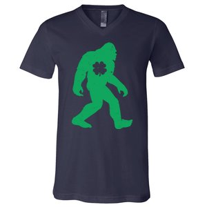 St Patricks Day Lucky Shamrock Clover Big Foot Sasquatch Yeti V-Neck T-Shirt