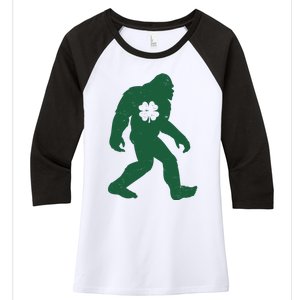 St Patricks Day Lucky Shamrock Clover Big Foot Sasquatch Yeti Women's Tri-Blend 3/4-Sleeve Raglan Shirt