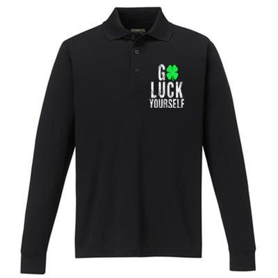 Saint Patrick's Day Good Luck Yourself Green Clover Performance Long Sleeve Polo