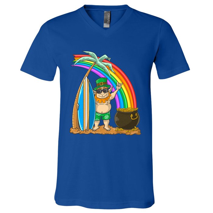 St Patricks Day Hawaii Surfing Leprechaun Rainbow Cute Gift V-Neck T-Shirt