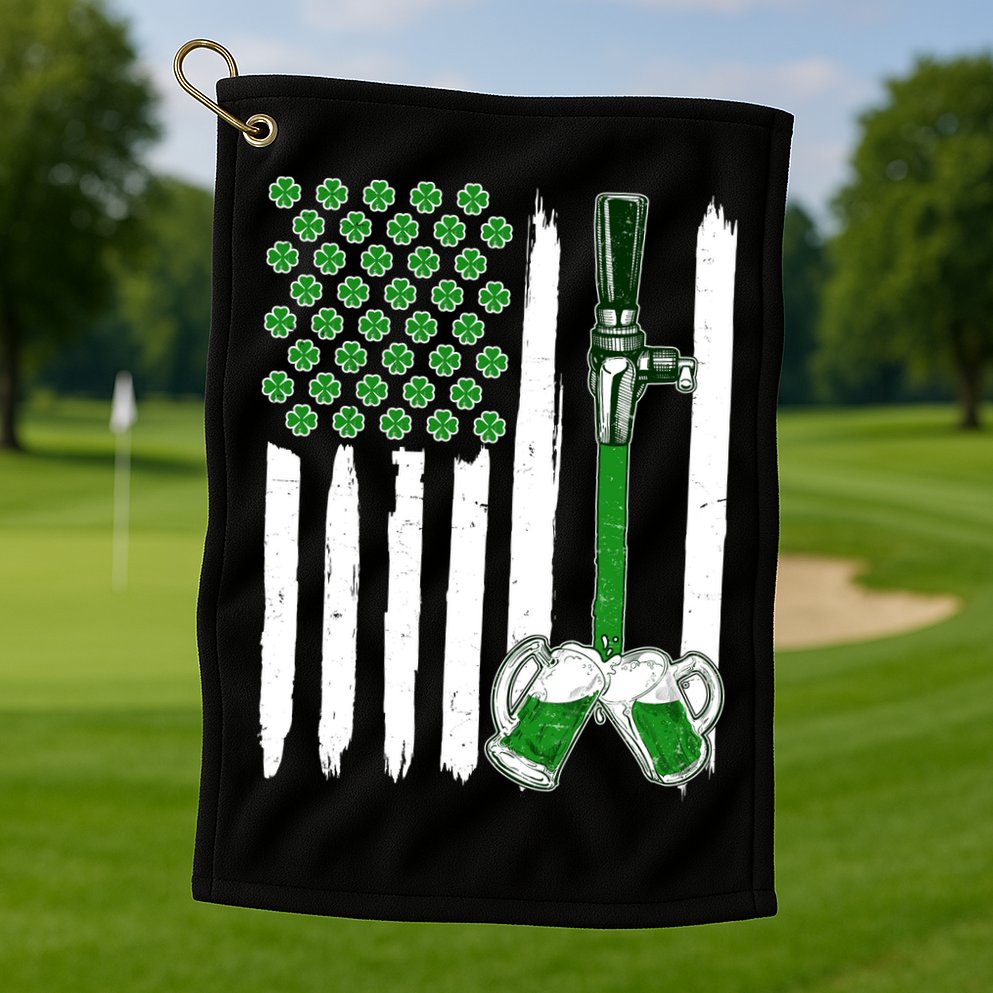 St. Patrick's Day Beer Tap USA American Flag Golf Towel