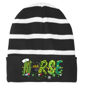 St Patricks Day Nurse Shamrock Medical Nursing Lucky RN Striped Beanie with Solid Band