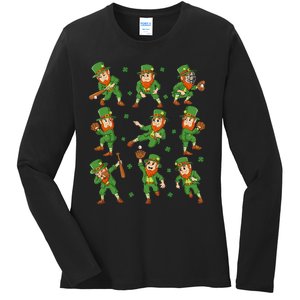 St Patricks Day Leprechaun Baseball Player Ladies Long Sleeve Shirt