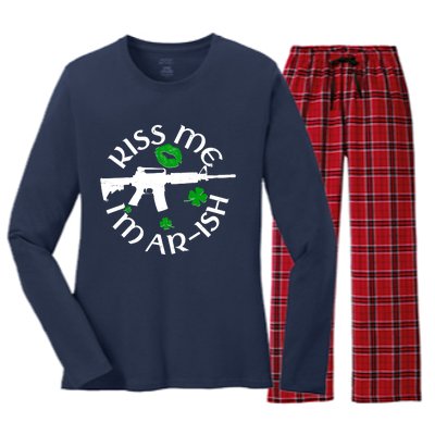 St Patricks Day Kiss Me Im Arish Ar Gun Women's Long Sleeve Flannel Pajama Set 