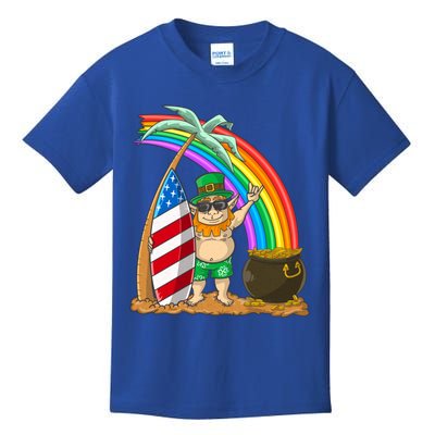 St Patricks Day Hawaii Patriotic Usa Flag Surfing Leprechaun Gift Kids T-Shirt