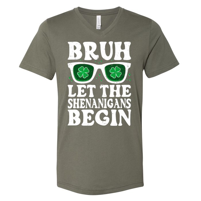 St Patricks Day Bruh Let The Shenanigans Begin Shamrock Clover Sun Glasses V-Neck T-Shirt