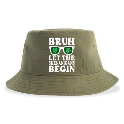 St Patricks Day Bruh Let The Shenanigans Begin Shamrock Clover Sun Glasses Sustainable Bucket Hat
