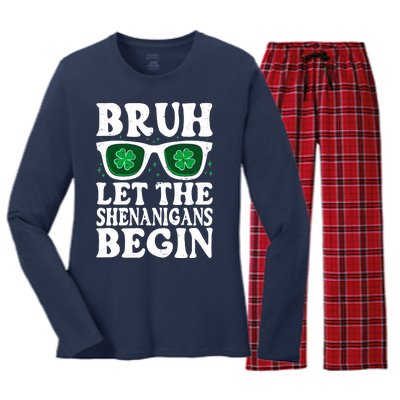 St Patricks Day Bruh Let The Shenanigans Begin Shamrock Clover Sun Glasses Women's Long Sleeve Flannel Pajama Set 